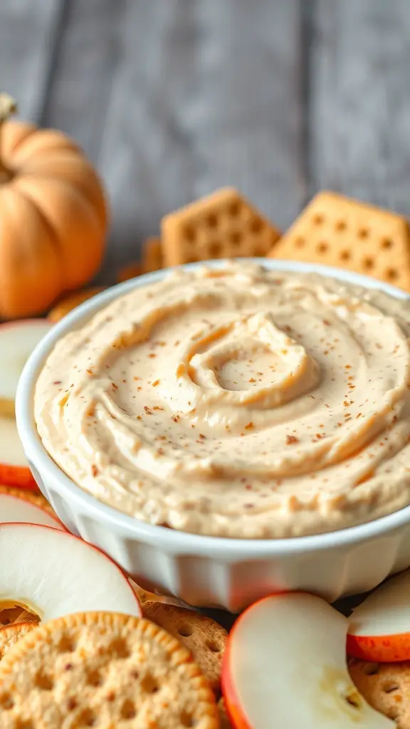A creamy pumpkin spice dip served in a bowl, surrounded by apple slices and graham crackers.