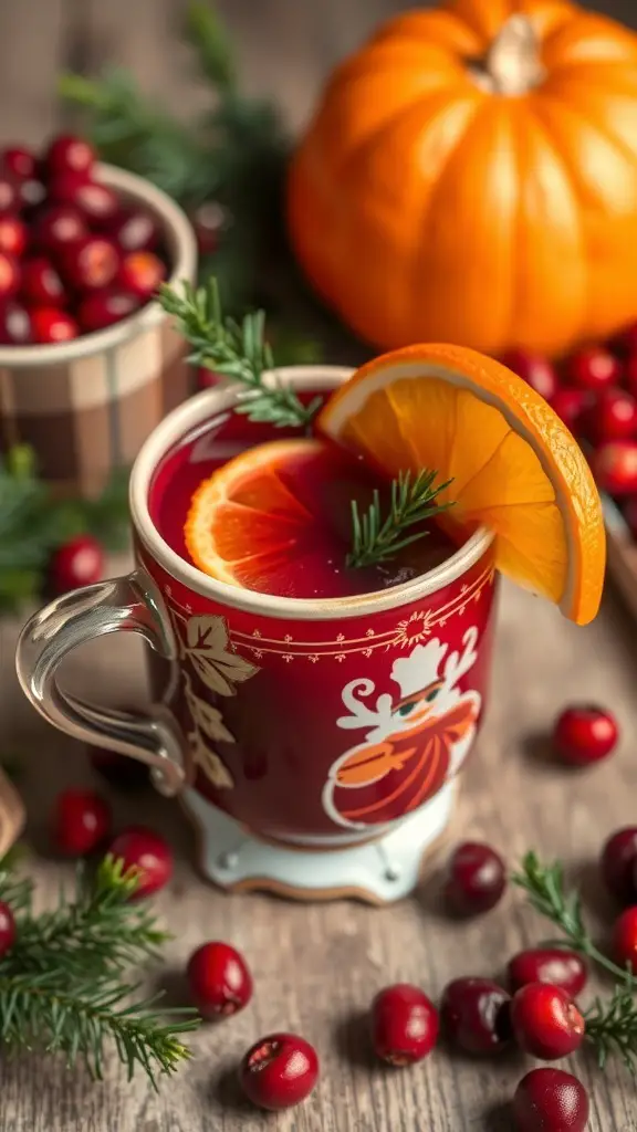 A cozy mug of mulled cranberry punch surrounded by cranberries and a pumpkin, perfect for fall.