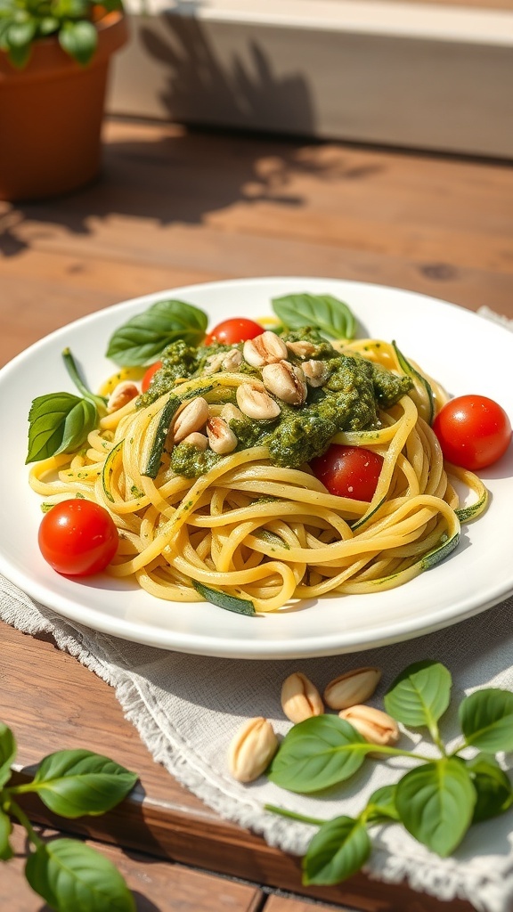 A plate of zucchini noodles with pesto, cherry tomatoes, and nuts on a wooden table.
