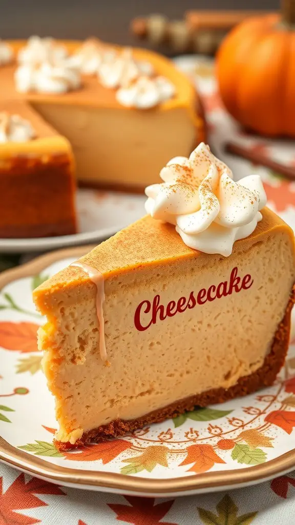 A slice of pumpkin spice cheesecake with whipped cream on a decorative plate.