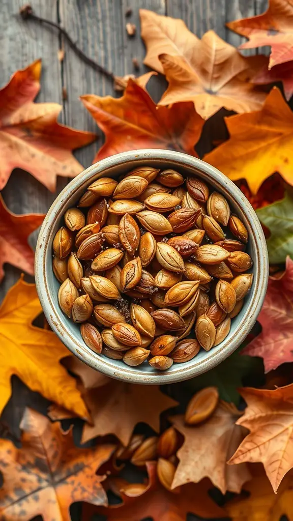 A bowl of roasted pumpkin seeds surrounded by autumn leaves