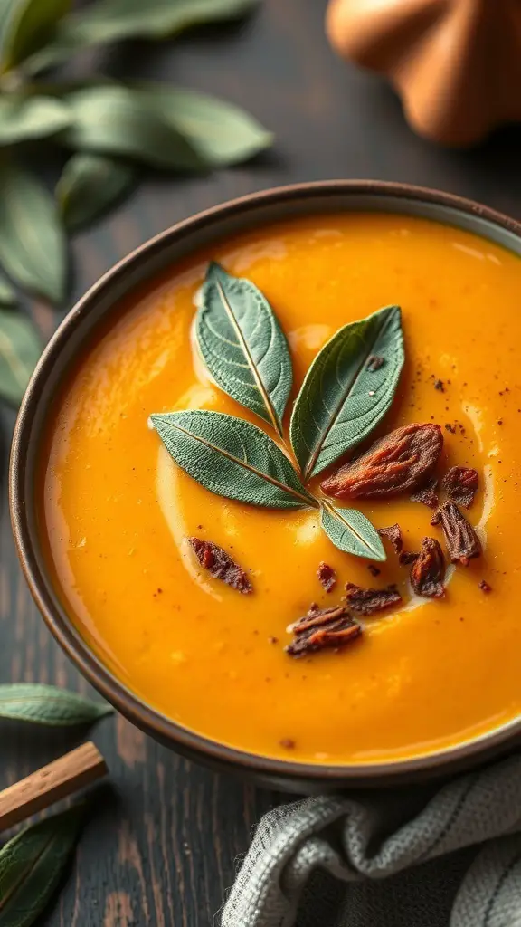A bowl of creamy butternut squash soup garnished with sage leaves and roasted pumpkin seeds.
