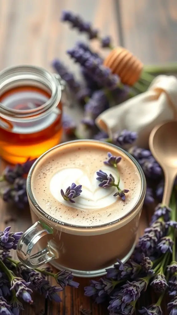 A cozy Honey Lavender Latte with lavender sprigs and honey on a wooden table.