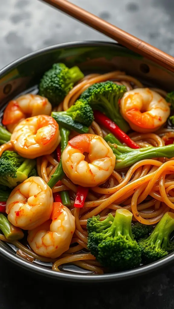 A bowl of shrimp and broccoli stir-fry noodles with colorful vegetables.