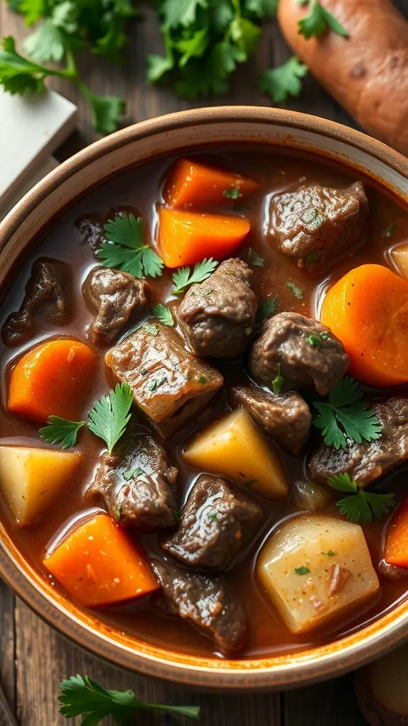 A bowl of classic beef stew with root vegetables, garnished with cilantro.