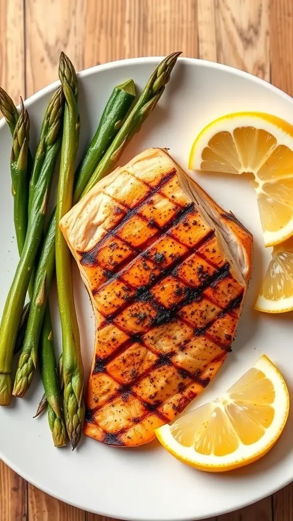 Grilled salmon fillet with asparagus and lemon slices on a white plate