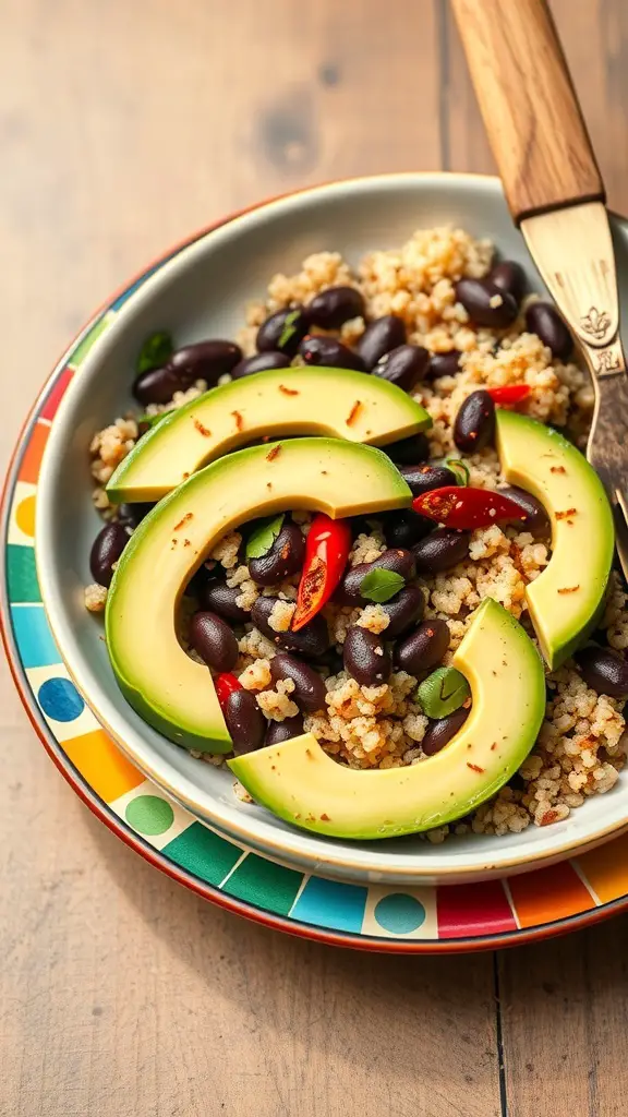 A colorful bowl of spicy quinoa and black beans topped with avocado slices and red chili peppers.