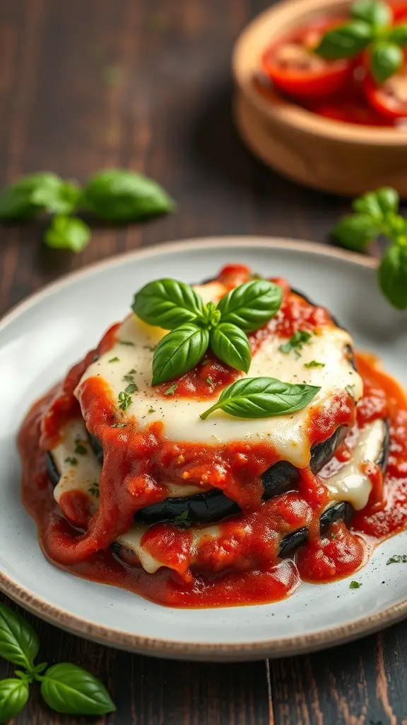 A plate of Eggplant Parmesan with layers of eggplant, marinara sauce, and melted cheese, garnished with fresh basil.