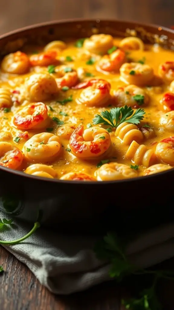 A delicious lobster shrimp pasta bake in a casserole dish, topped with cheese and garnished with parsley.