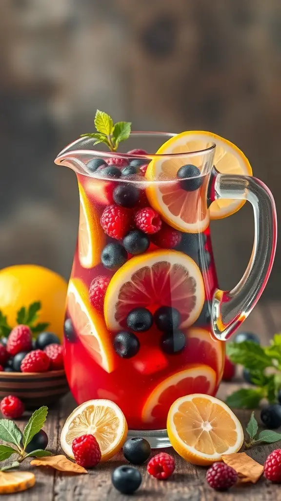 A pitcher of Autumn Berry Lemonade with raspberries, blueberries, and lemon slices