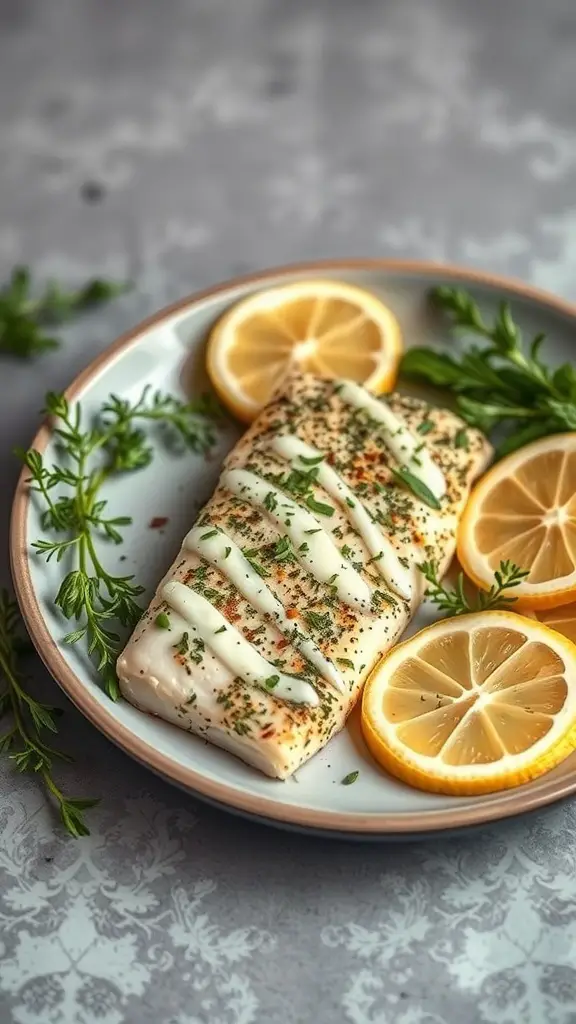 A plate of herb-crusted tilapia with lemon slices and fresh herbs