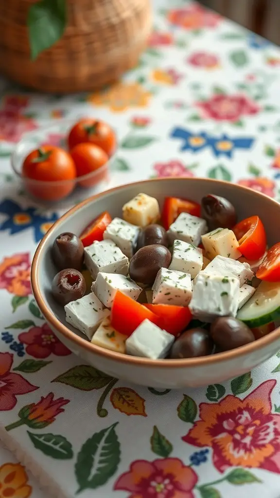 A Mediterranean breakfast bowl with feta cheese, olives, tomatoes, and cucumbers on a floral tablecloth.