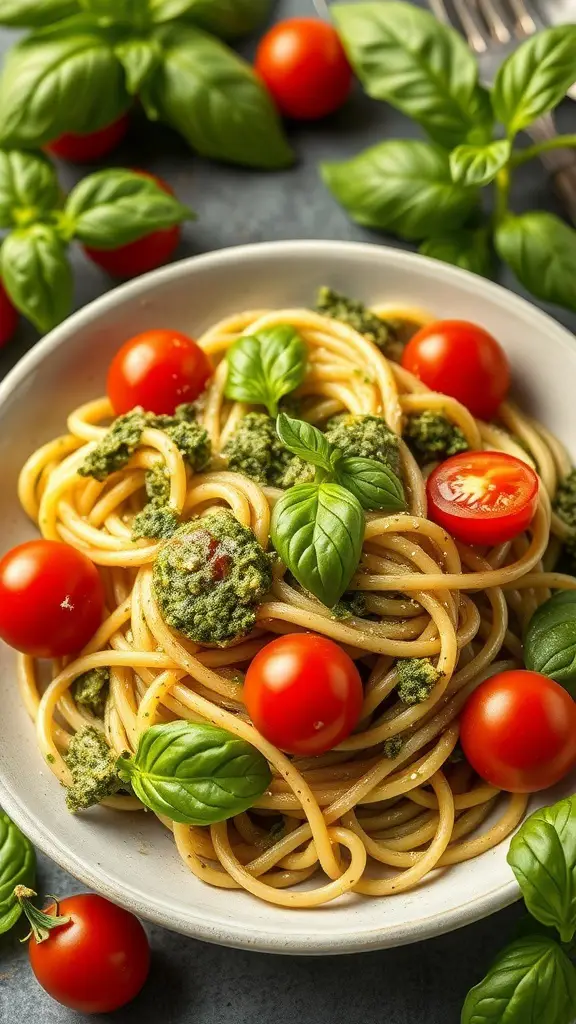A bowl of zucchini noodles topped with pesto, cherry tomatoes, and fresh basil.