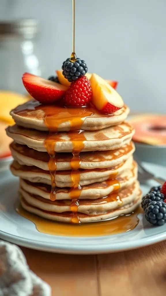 Stack of whole wheat pancakes topped with fresh fruit and syrup