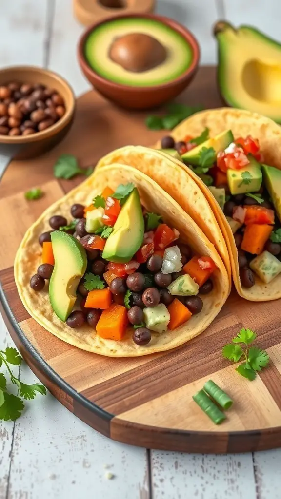 Sweet potato and black bean tacos with avocado and tomatoes on a wooden board.