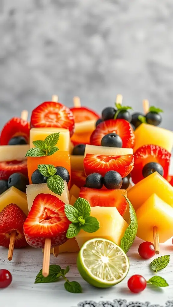 Colorful fruit skewers with strawberries, blueberries, and melon, garnished with mint and lime.