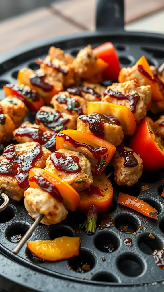 Honey garlic chicken skewers with colorful bell peppers on a grill
