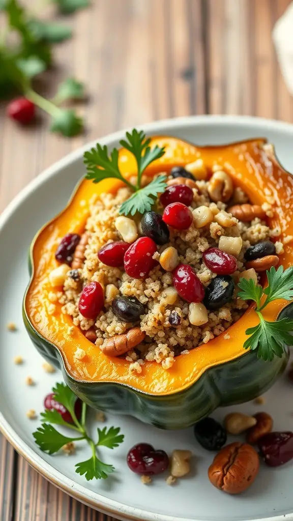 A plate of vegetarian stuffed acorn squash filled with grains and beans, garnished with parsley.