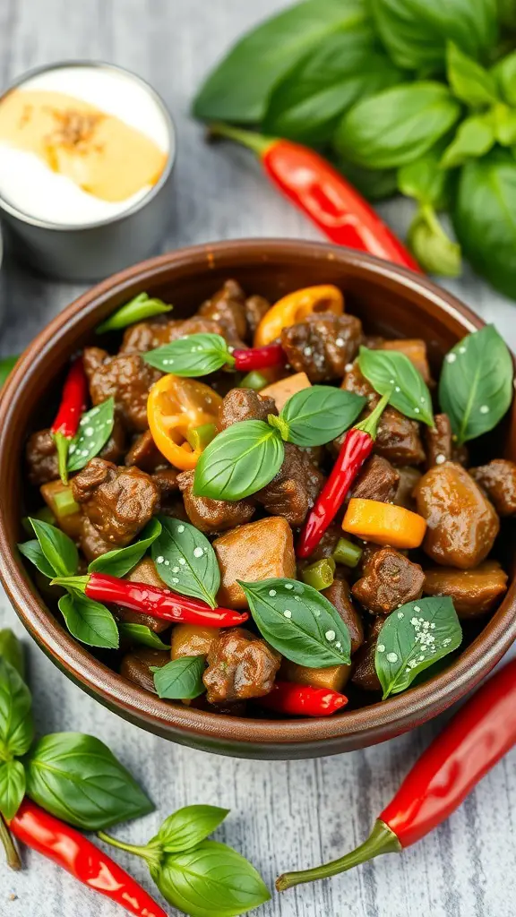A bowl of Thai Basil Beef Stir-Fry with ground beef, colorful peppers, and fresh basil leaves