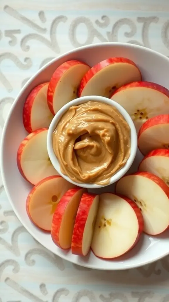 A plate of apple slices arranged around a bowl of peanut butter