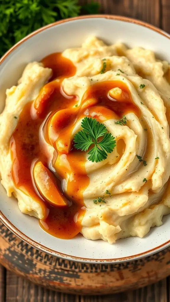 A bowl of creamy garlic mashed potatoes topped with gravy and parsley.