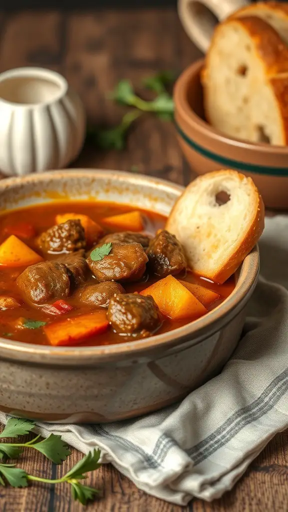 A bowl of smoky beef stew with vegetables and a slice of bread on the side.