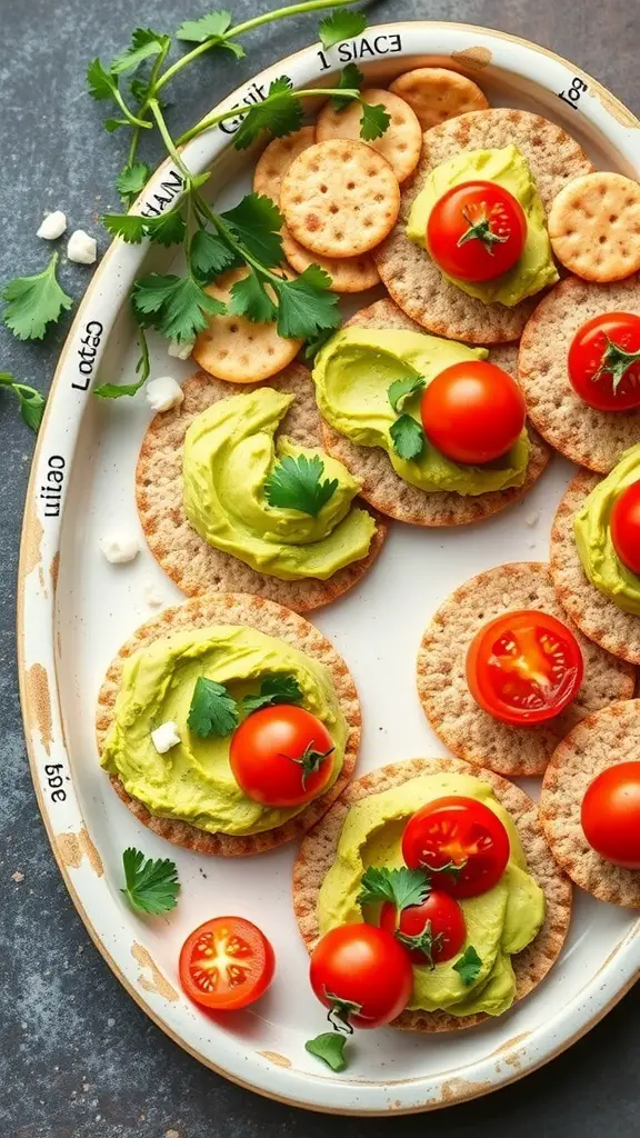 Whole grain crackers topped with avocado, cherry tomatoes, and cilantro on a platter.