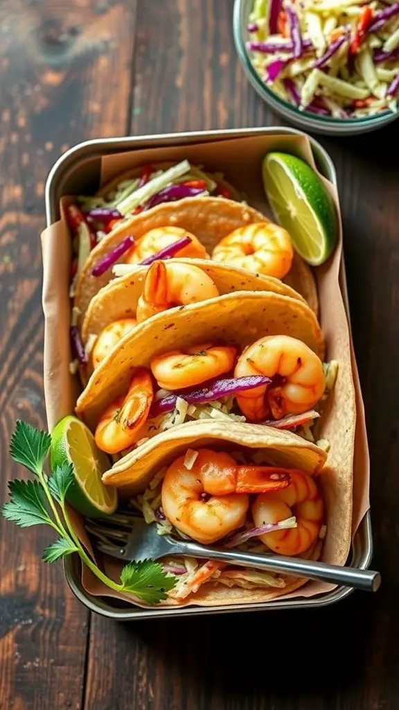 Shrimp tacos with cabbage slaw in a lunch box