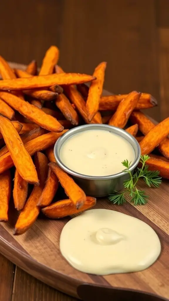 Crispy sweet potato fries served with garlic aioli on a wooden platter.