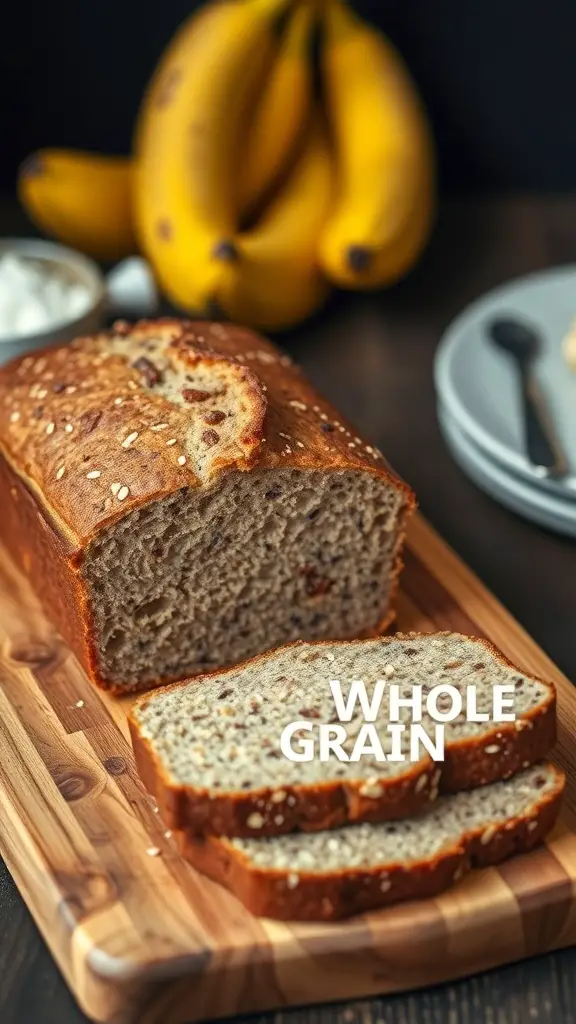 Loaf of whole grain banana bread with slices cut, bananas in the background