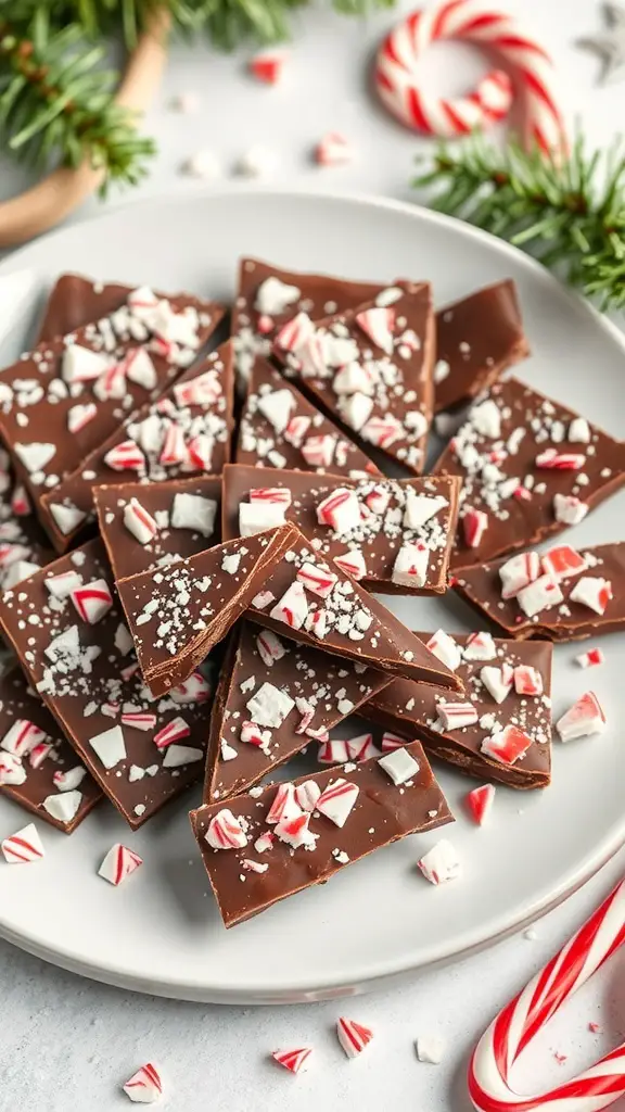 A plate of chocolate peppermint bark topped with crushed candy canes, surrounded by festive decorations.