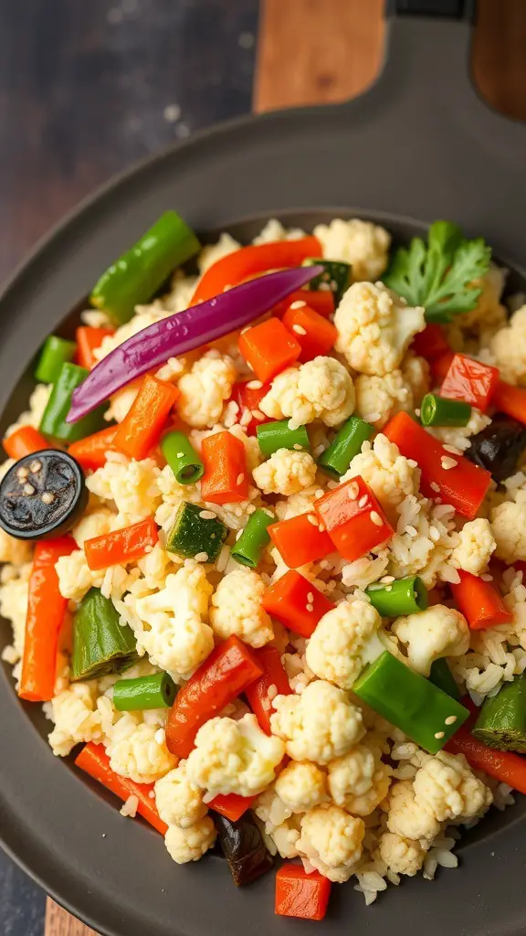 A colorful plate of cauliflower rice stir-fry with various vegetables.
