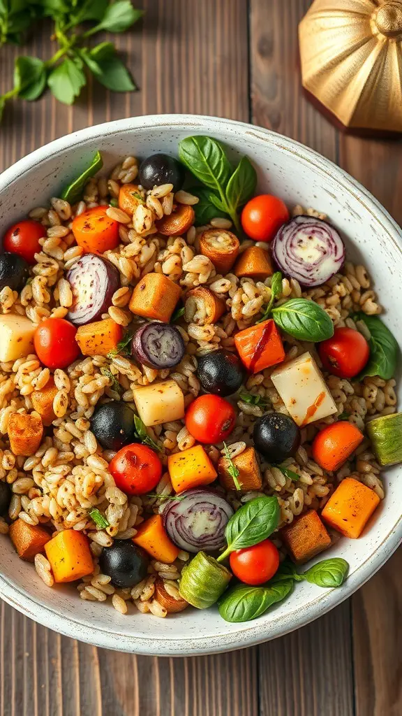 A bowl of barley and roasted vegetable salad with colorful vegetables and grains.