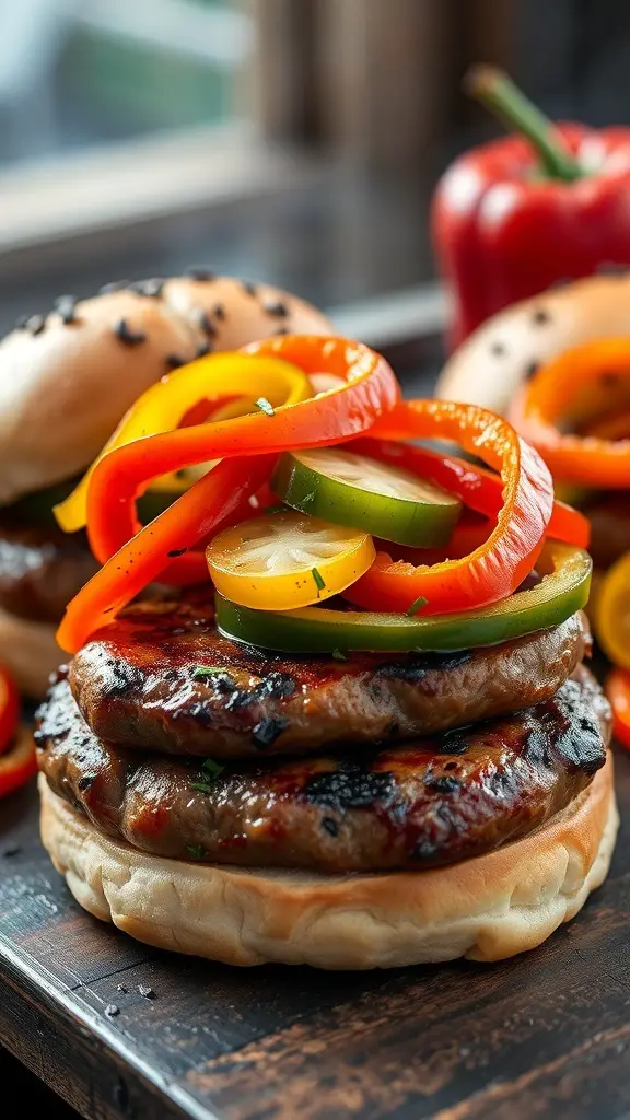 Italian sausage burgers topped with colorful peppers and onions on a wooden board.
