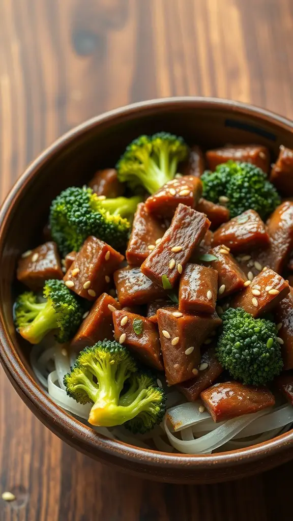 A bowl of beef and broccoli stir-fry served over noodles, garnished with sesame seeds.