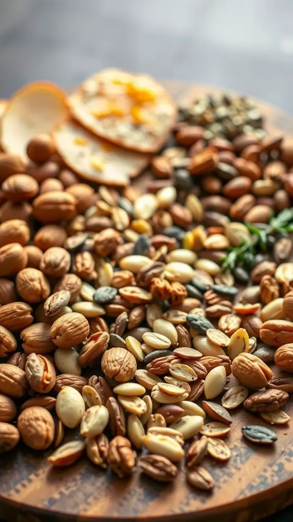 A variety of nuts and seeds displayed on a wooden board.