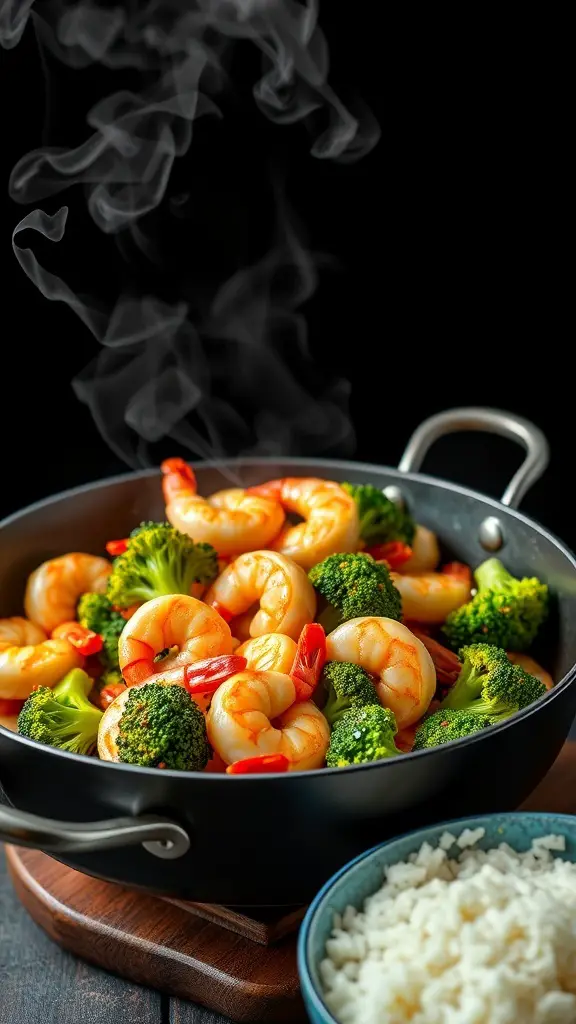 A steaming shrimp and broccoli stir-fry in a black pan with a bowl of rice on the side.
