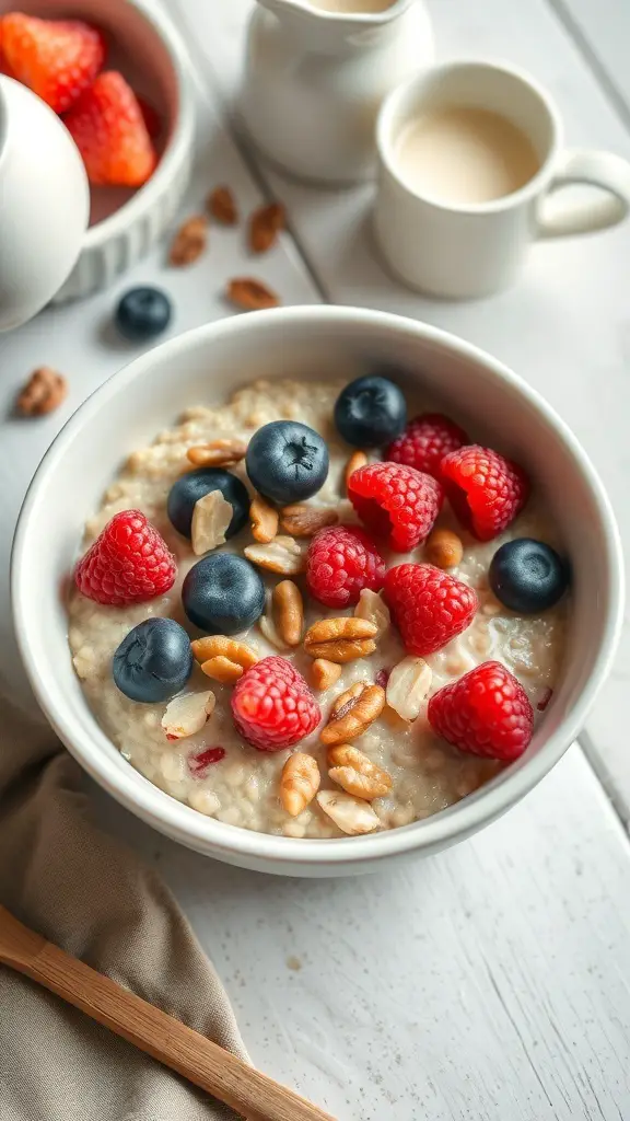 A bowl of oatmeal topped with blueberries, raspberries, and nuts on a wooden table.