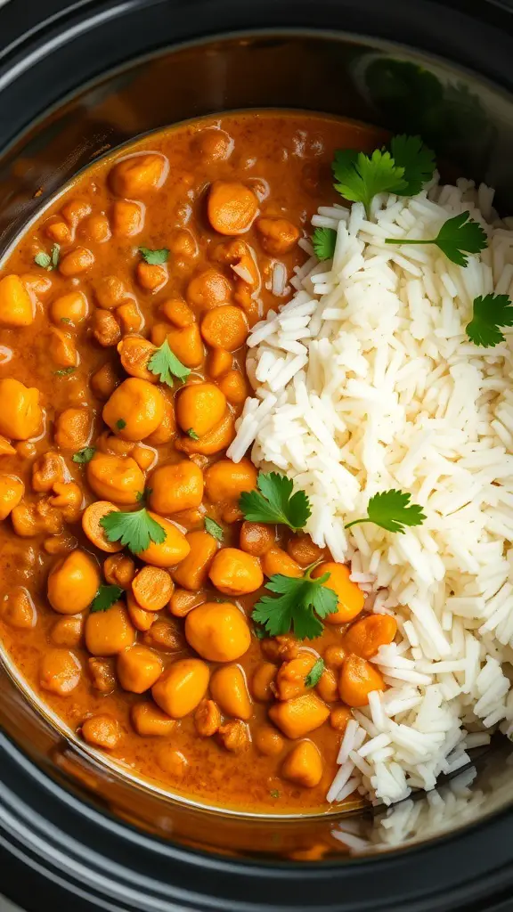 A bowl of coconut curry lentils with rice and cilantro