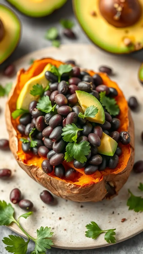 Baked sweet potato filled with black beans, topped with avocado and cilantro