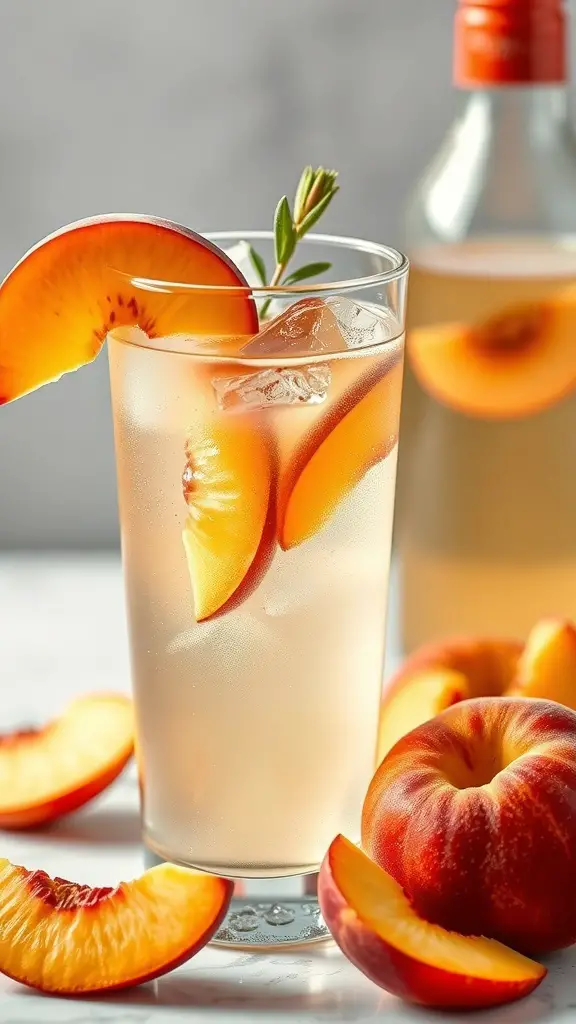 A refreshing Ginger Peach Fizz drink in a glass with peach slices and rosemary garnish.