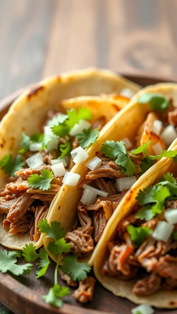Three beef tacos filled with shredded meat, topped with cilantro and onions, served on a wooden plate.