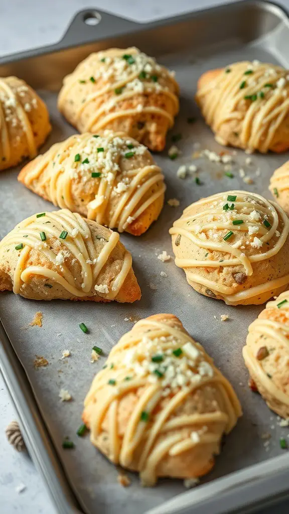 Savory scones with cheese and chives on a baking tray