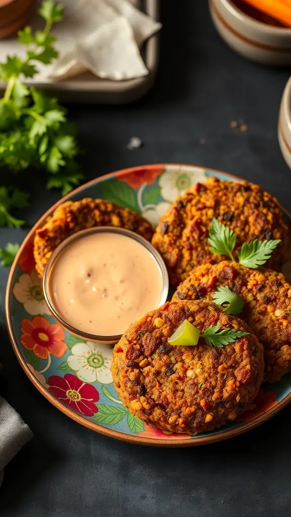 Plate of lentil and carrot patties with dipping sauce and garnishes