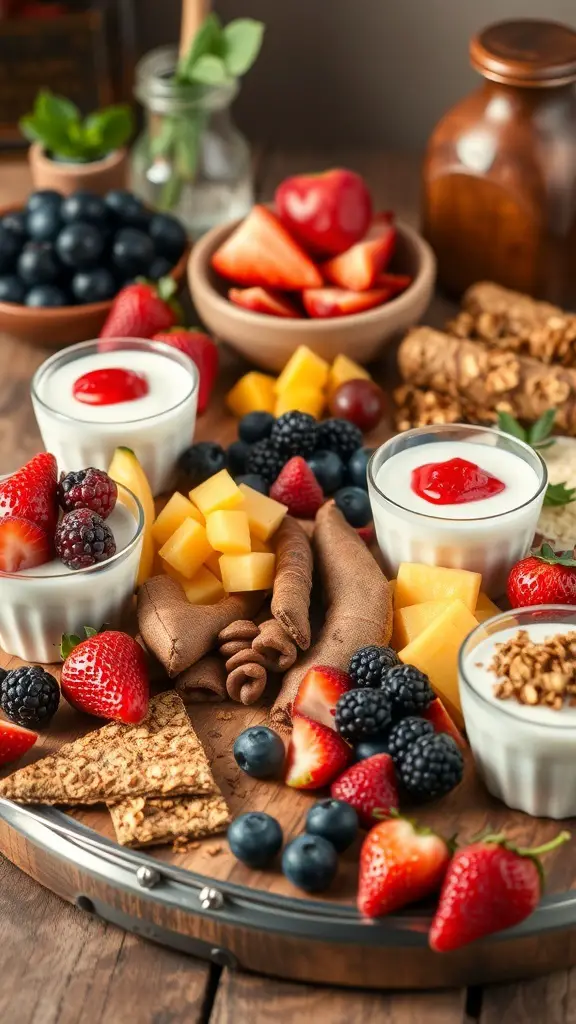 A colorful fruit and yogurt parfait board featuring yogurt cups, fresh fruits, and crunchy toppings.