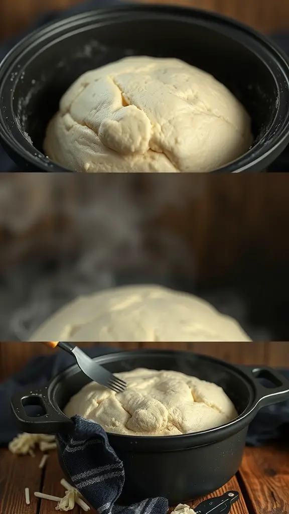 A close-up of risen dough in a black Dutch oven, ready for baking.