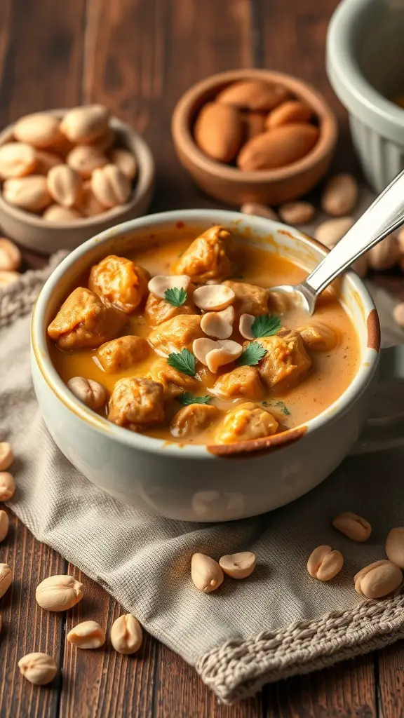 A bowl of peanut butter chicken stew garnished with peanuts and herbs, surrounded by whole peanuts on a wooden table.