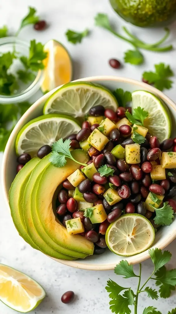 A bowl of avocado and black bean salad with lime and cilantro garnishes.