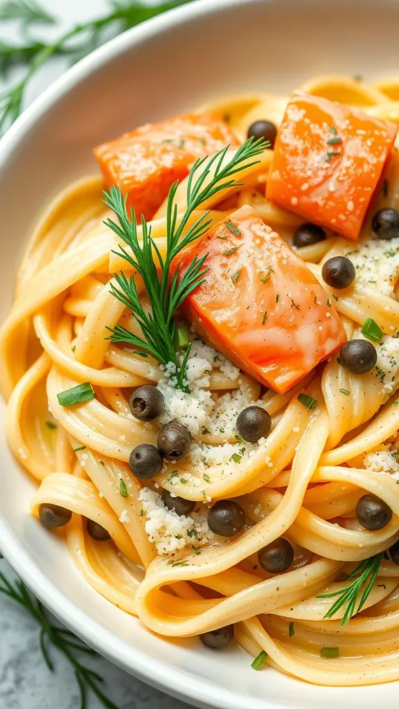 A bowl of creamy dill salmon pasta with salmon pieces and fresh dill on top.