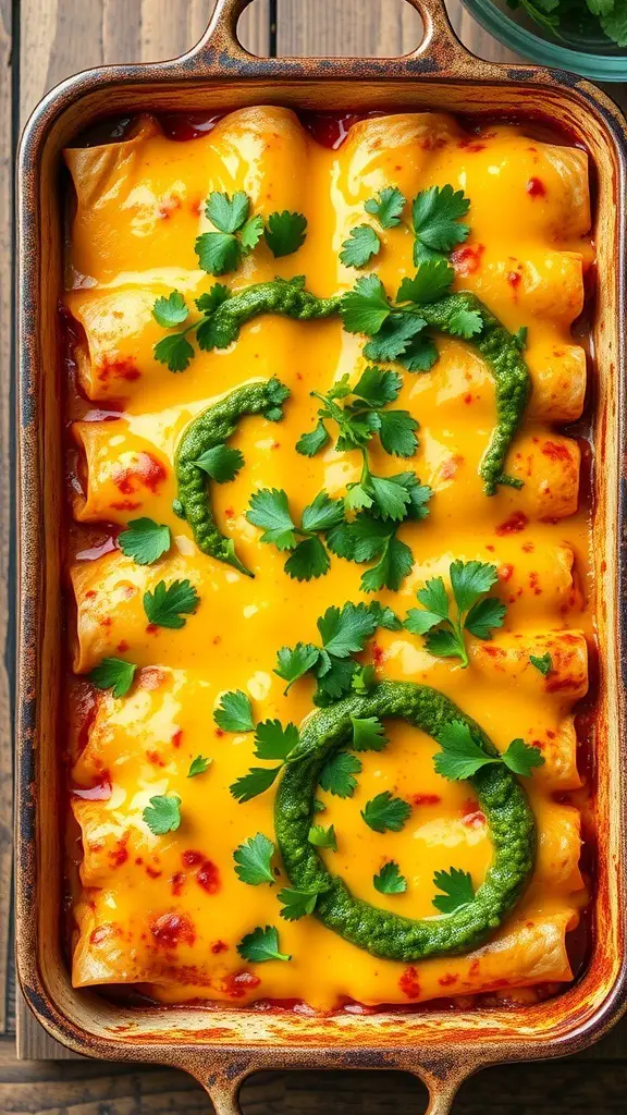 A delicious tray of enchiladas topped with cheese and cilantro